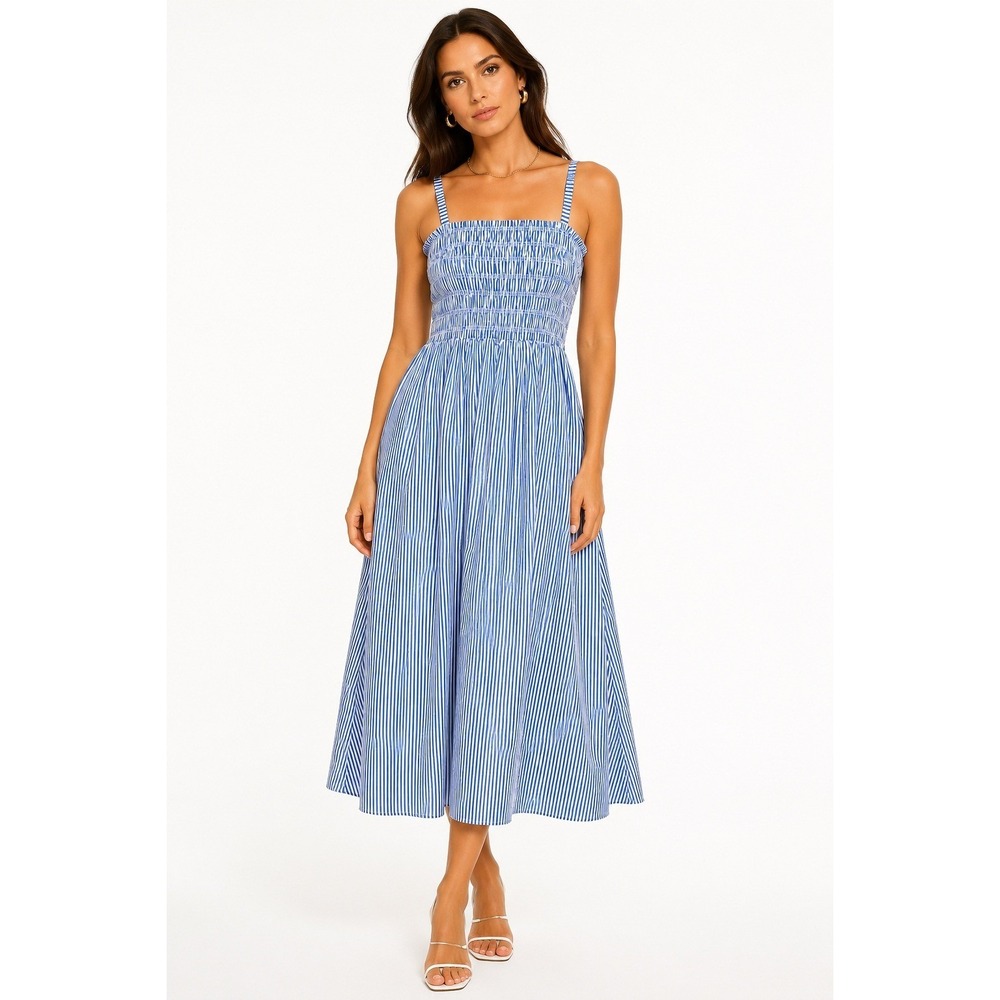 Market & Spruce Alana Poplin Dress Blue White Striped Smocked Midi Large